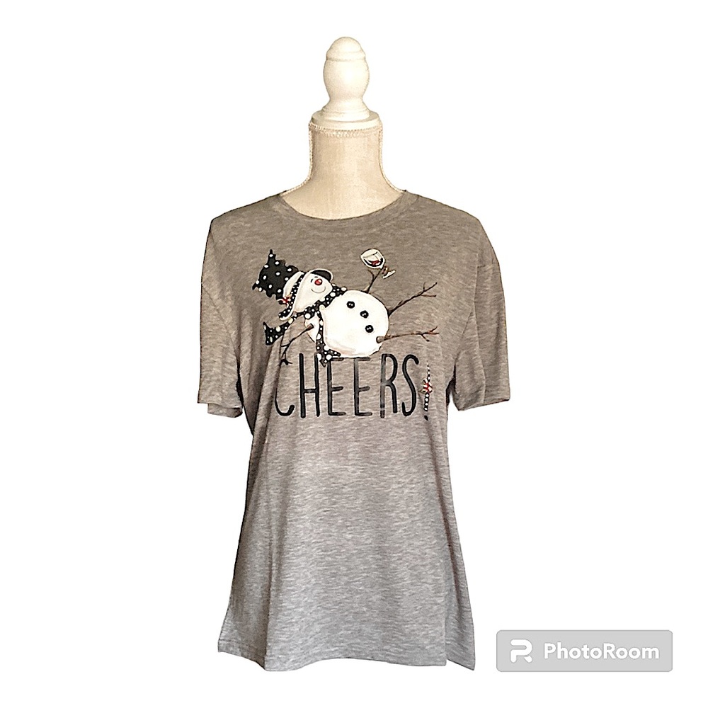 Christmas Snowman Cheers Print T-shirt Casual Short Sleeve Crew Neck Gray 8/10 - Picture 2 of 12